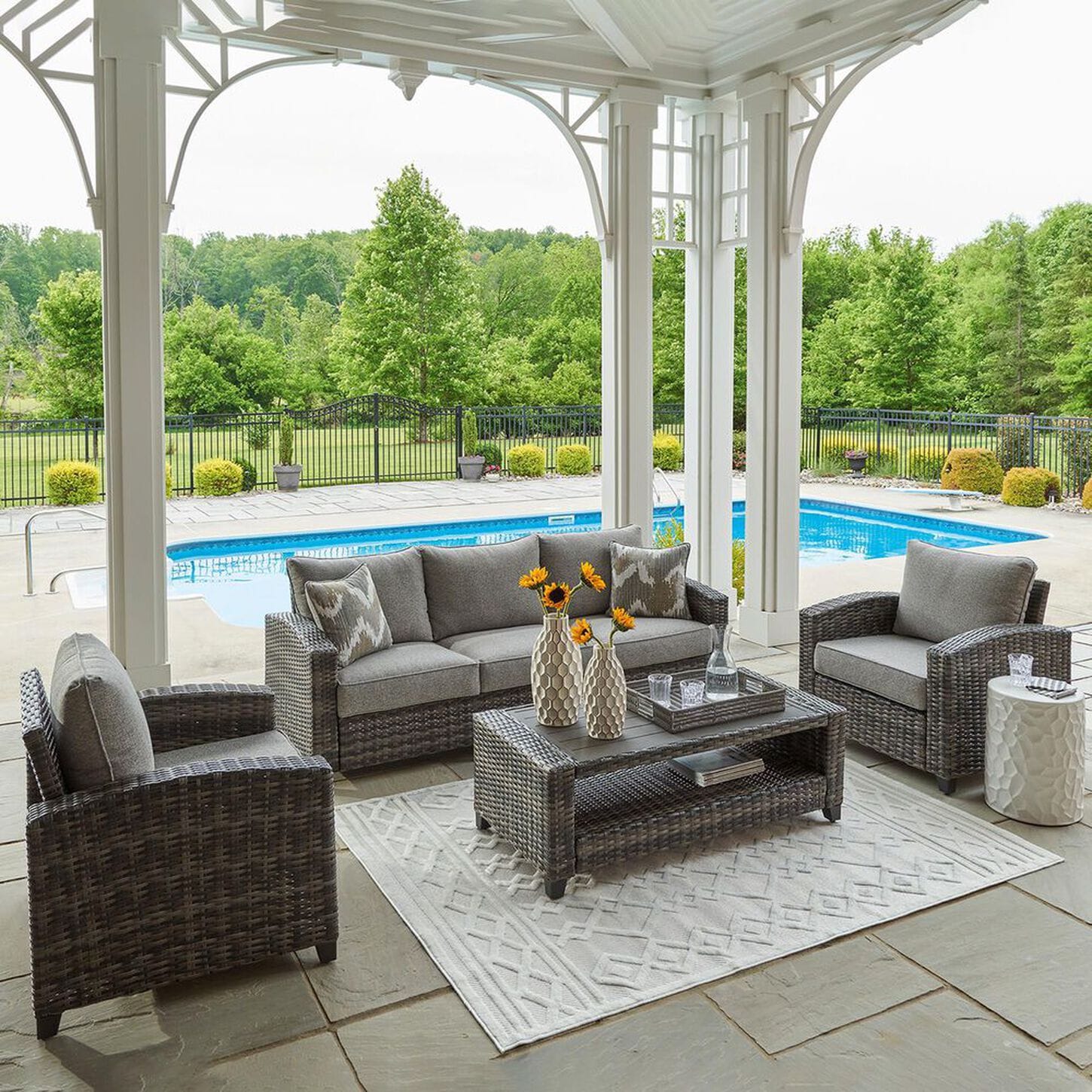 Black Metal Conversation Set with Gray Cushions