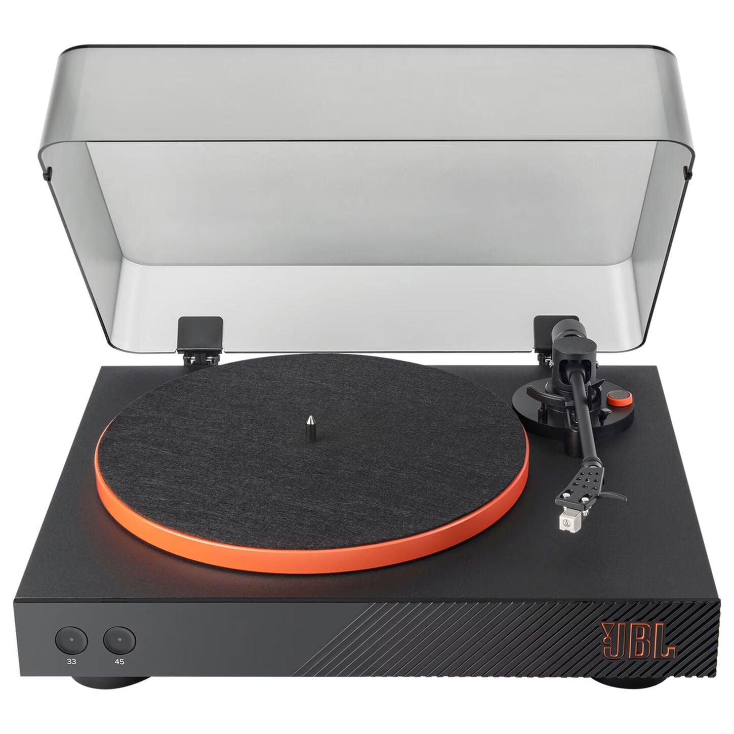  Previous Next JBL Spinner Turntable with Bluetooth Connectivity in Black and Orange