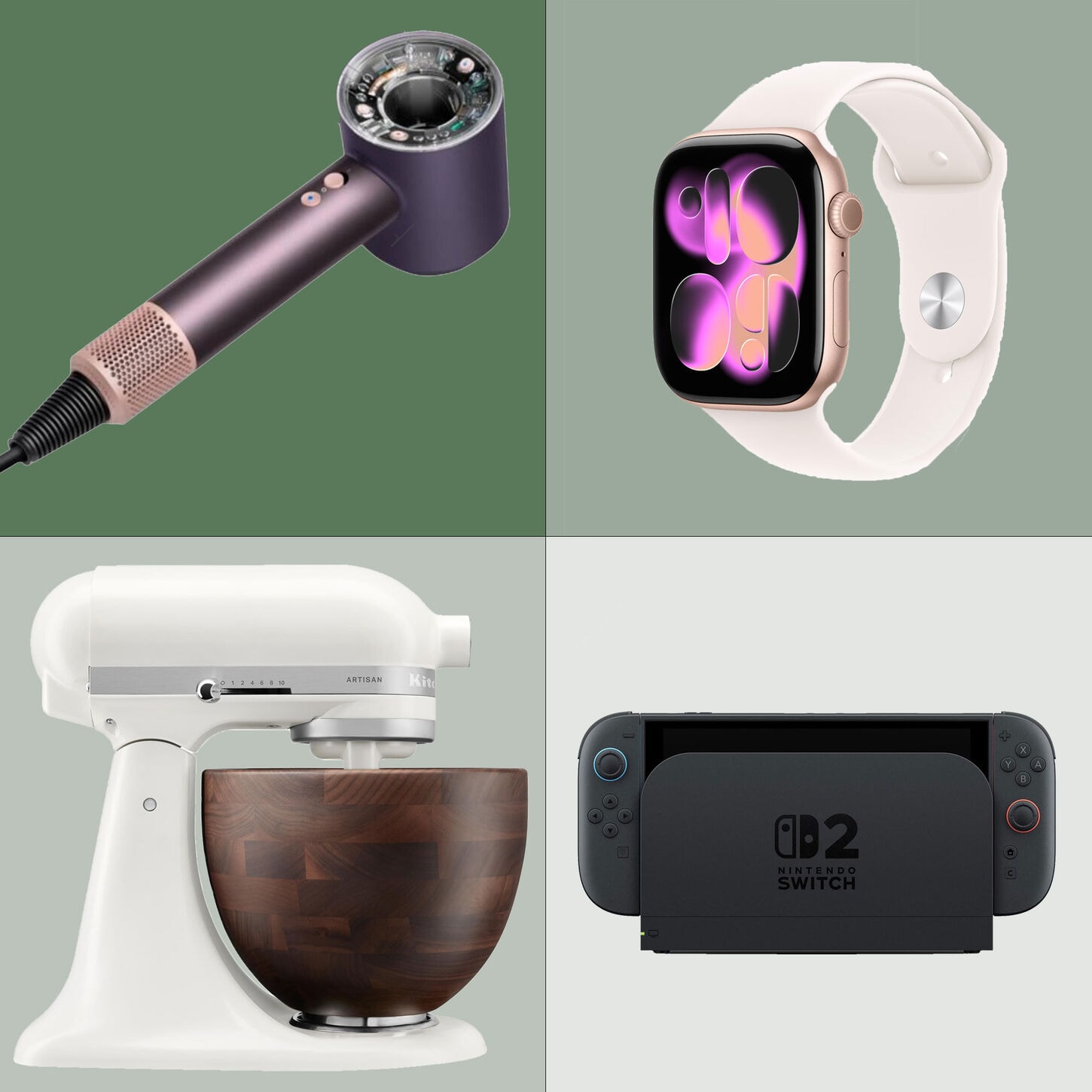 Collage of mixer, switch 2, apple watch, and dyson hairdryer