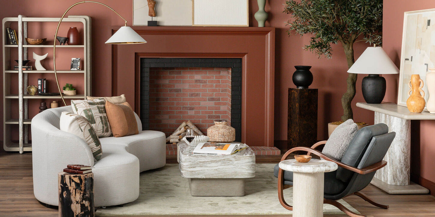 Organic living room with sofa, fireplace, chair, and home decore