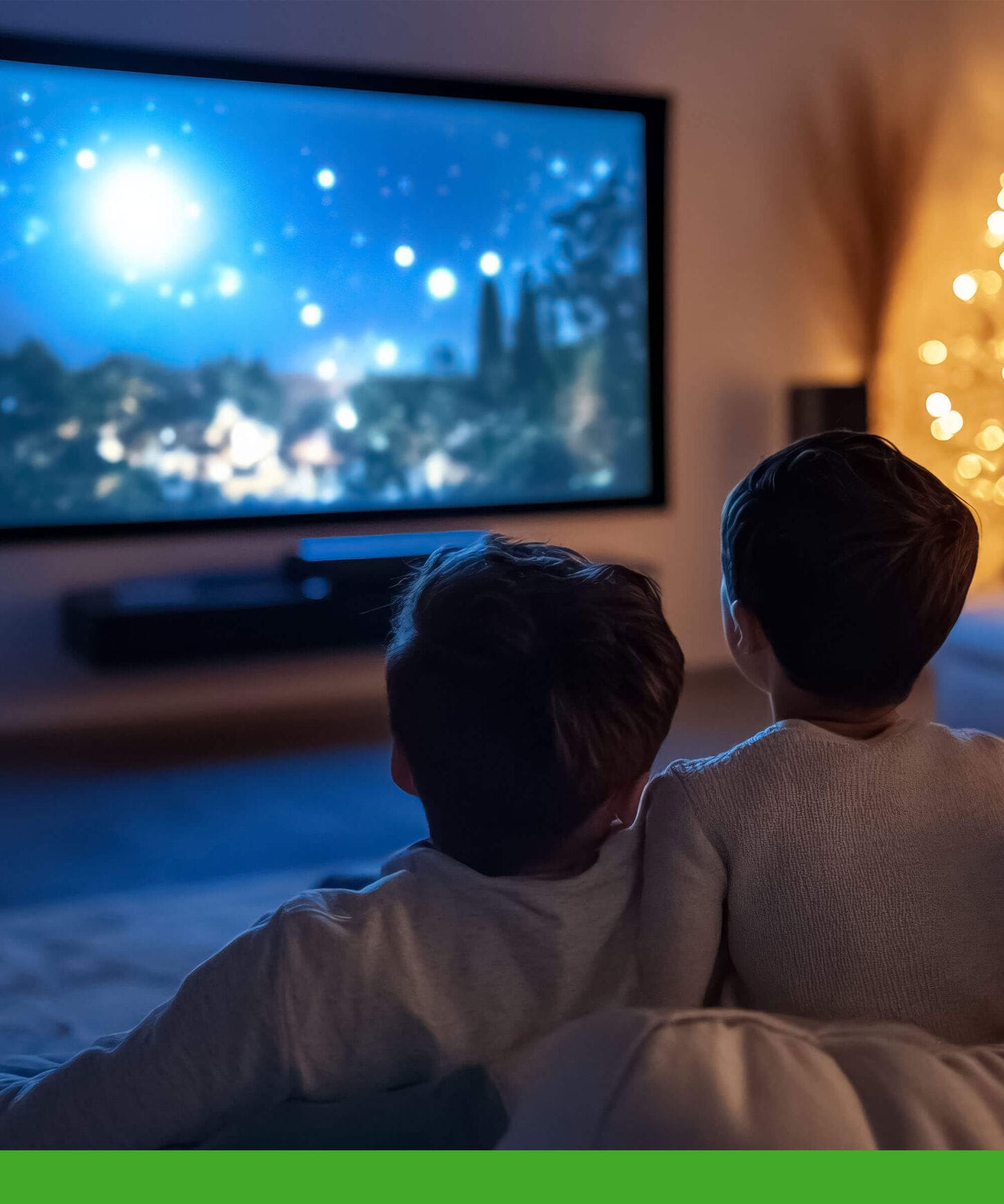 Back view of happy family watching a movie.