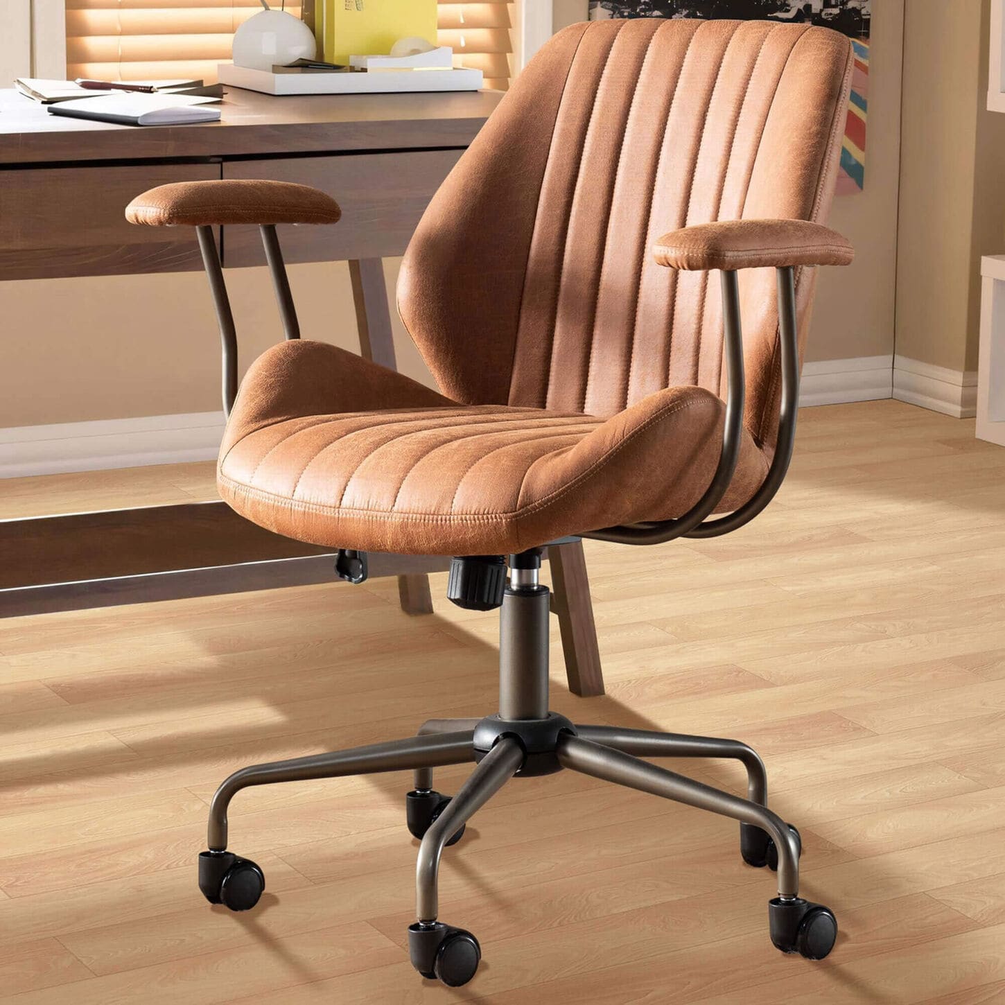 HOMLUX Mid Back Ergonomic Office Chair with Suede Leather in Brown