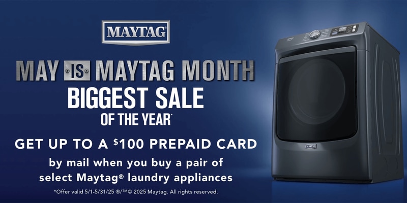 blue background with maytag month sale information and one front load laundry unit
