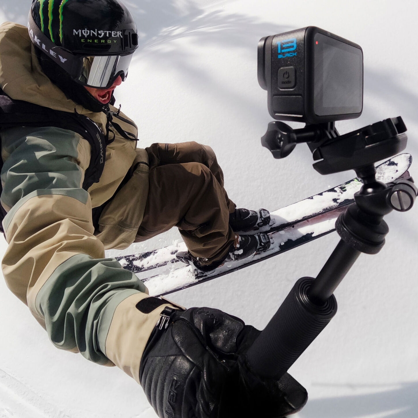 Man Skiing with Go Pro camera and holder