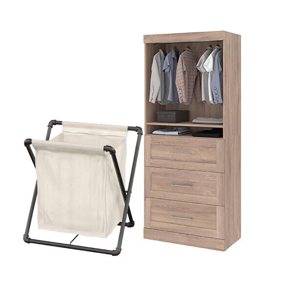 Bestar Pur 36 Inch Storage Unit with 3-Drawer in Rustic Brown , Furniture of America Chen Laundry Hamper in Black and Light Copper
