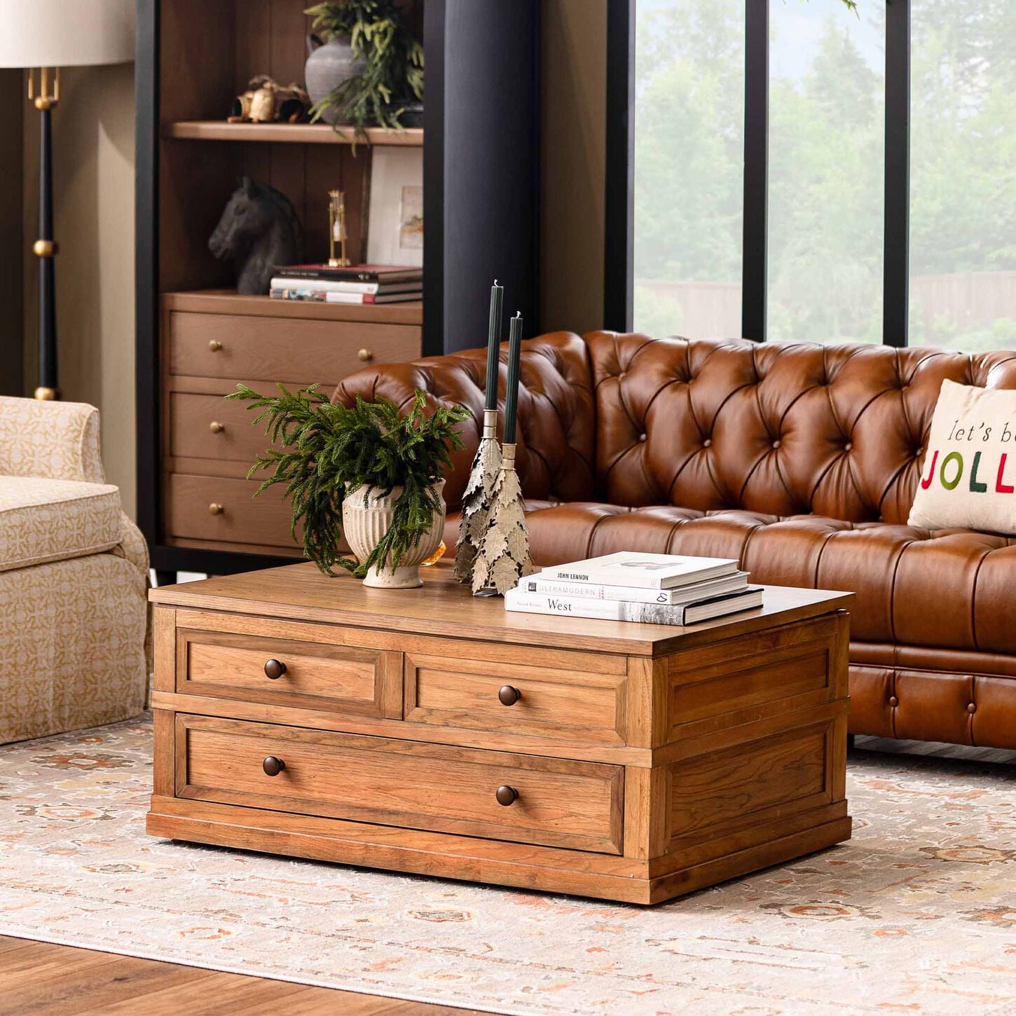 Oak living room coffee table with drawers