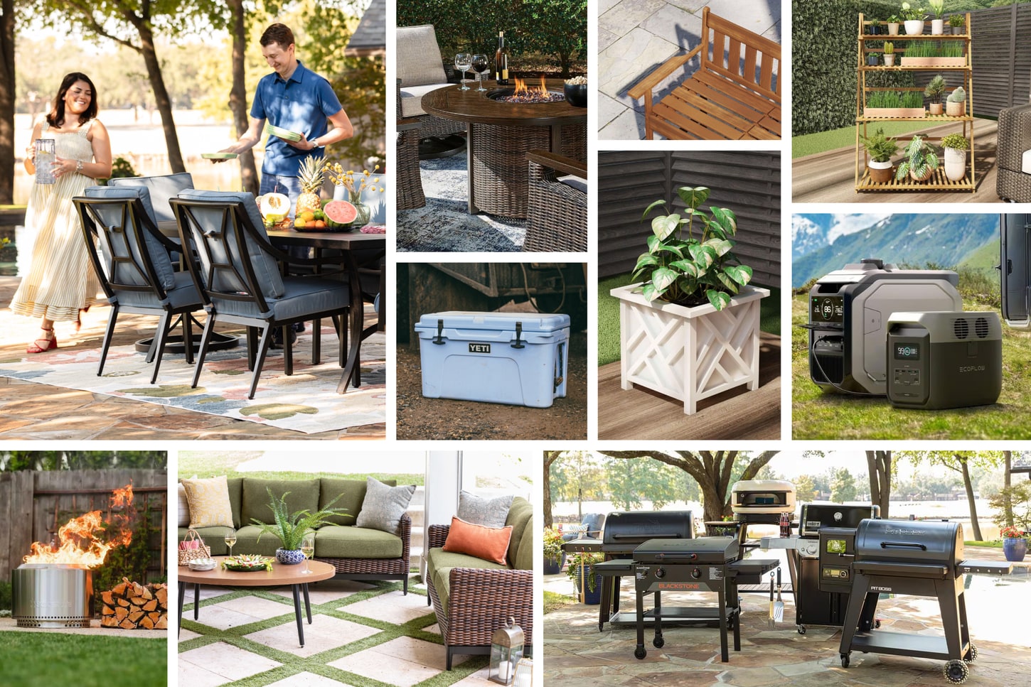 collage of outdoor patio furniture, grills, chairs, and decor