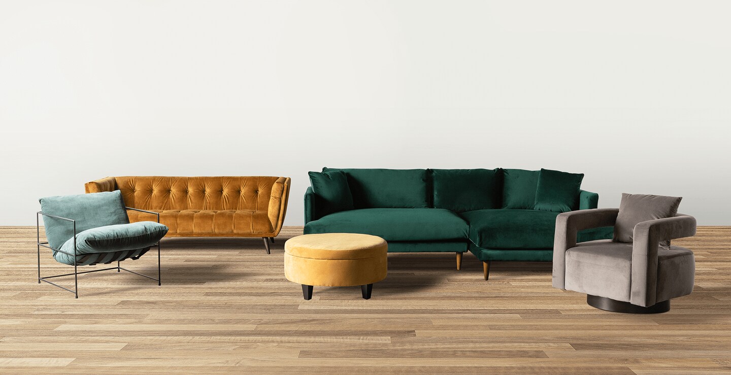 5 colored cozy couches in a row.