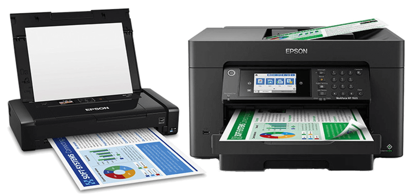 Epson WorkForce Pro Wireless Wide-format All-In-One Printer and Epson WorkForce WF-110 Wireless Mobile Printer in Black