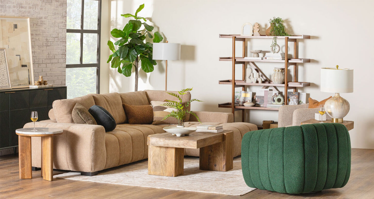 Living room scene with green barrel chair