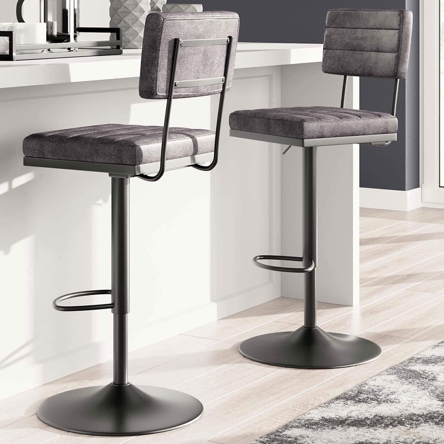 Ashley Strumford Tall Swivel Barstool with Gray Seat in Black