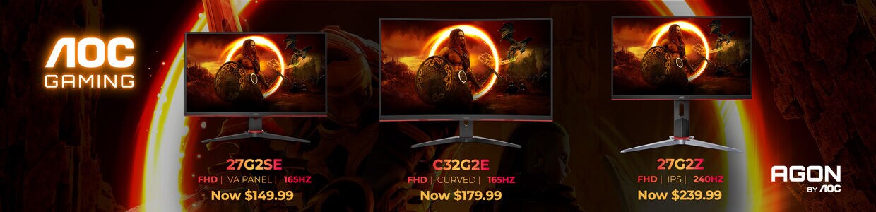 AOC Gaming | AGON by AOC | 27G2SE Now $149.99 | C32G2E Now $179.99 | 27G2Z Now $239.99