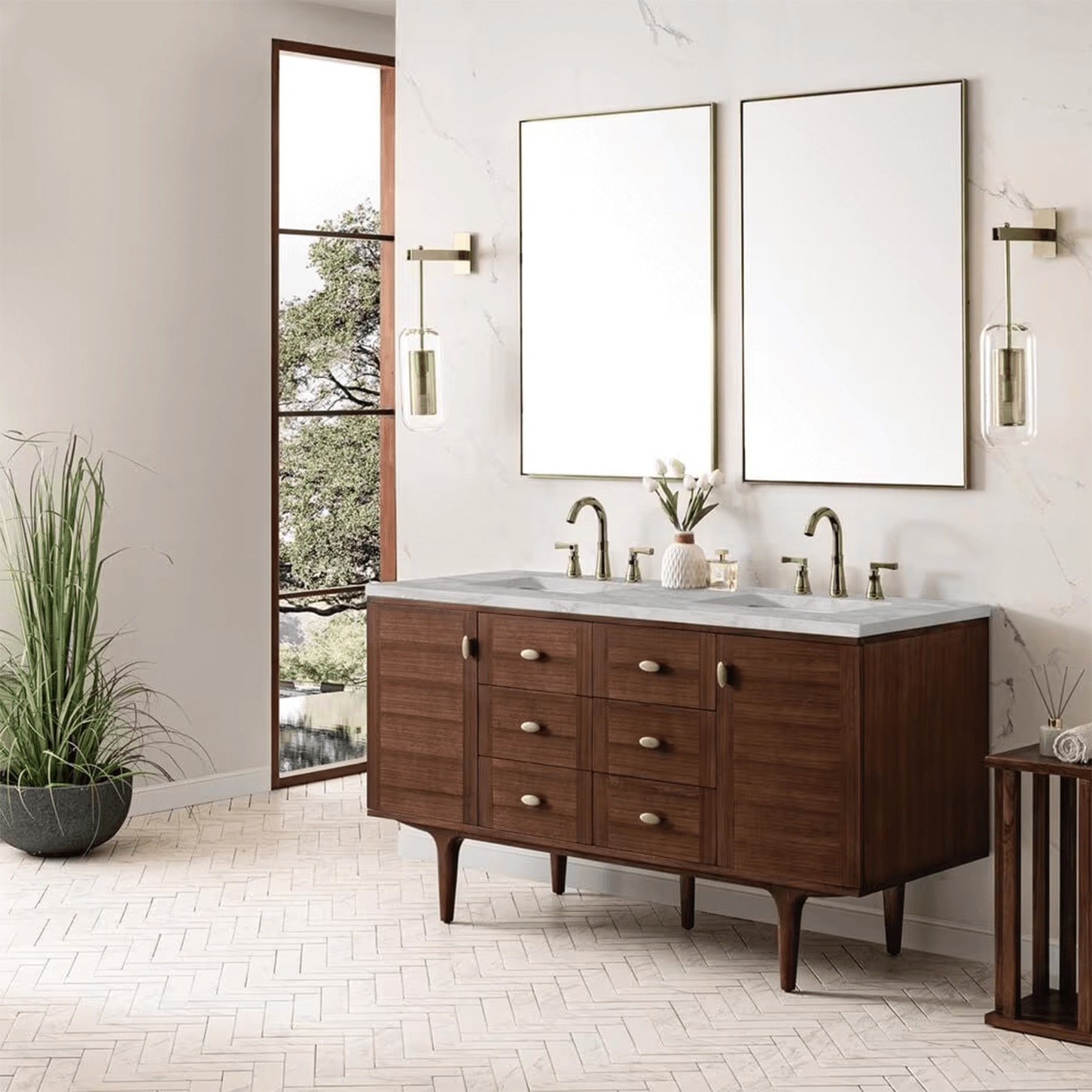 double bowl bathroom vanity against a white wall with two rectangle mirrors mounted on the wall 