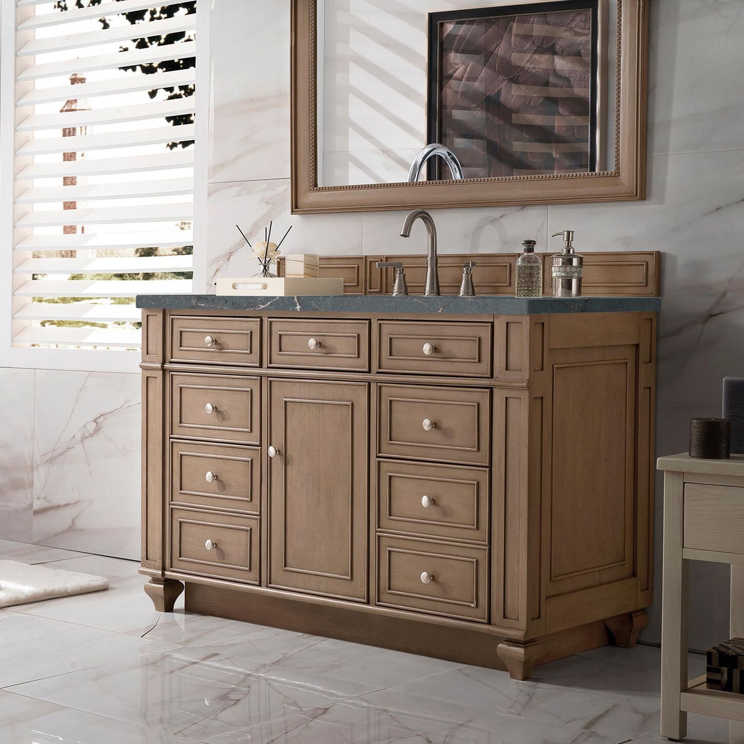 James Martin Vanities Bristol 48" Single Bathroom Vanity in Whitewashed Walnut with 3 cm Parisien Bleu Quartz Top and Rectangular Sink