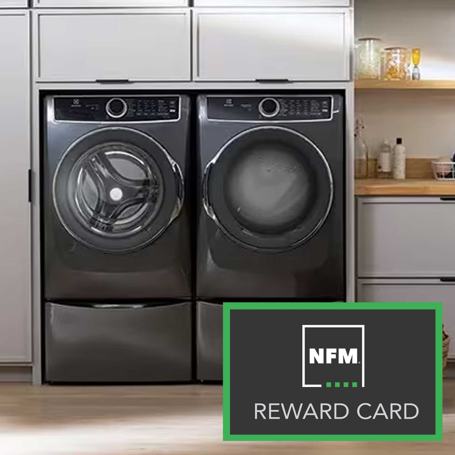 Frigidaire stainless steel refrigerator in kitchen with Reward Card