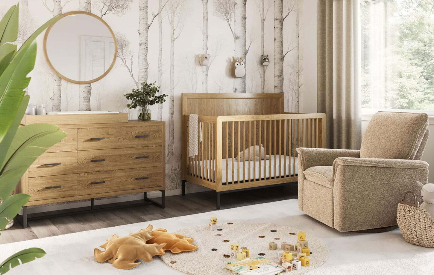 Baby nursery with crib, dresser and swivel recliner chair in beige color scheme