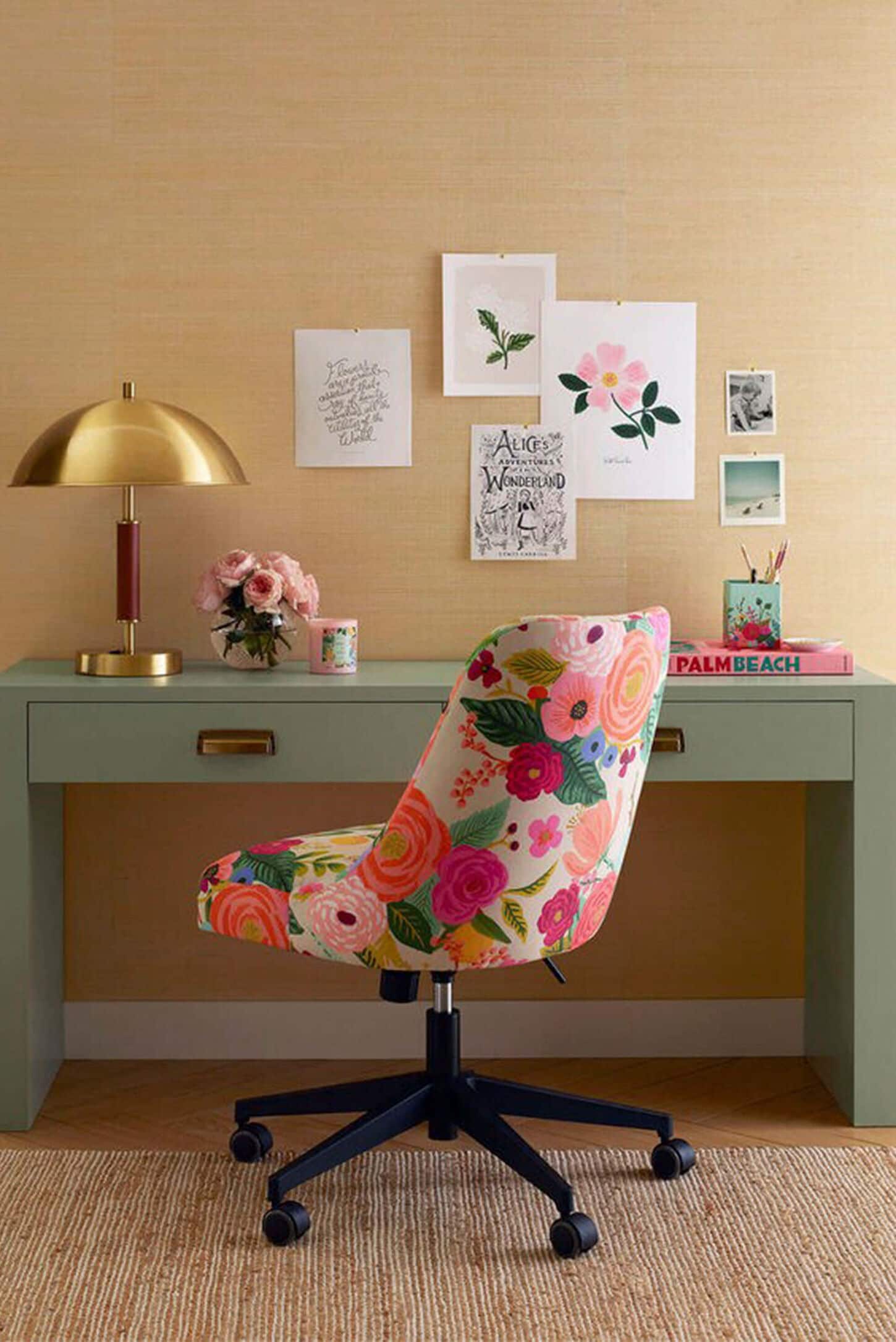 Home office with desk, chair, lamp and decor