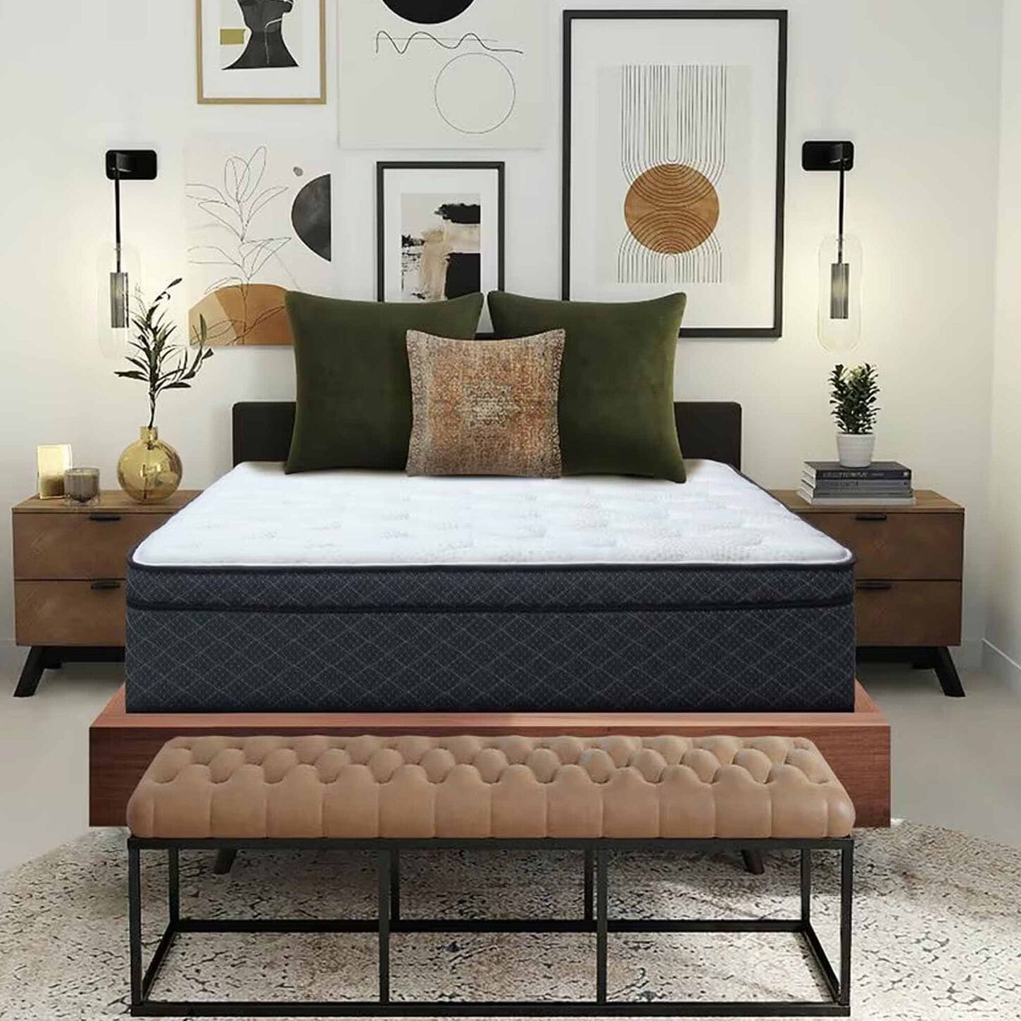 Fully decorated bedroom with an exposed mattress