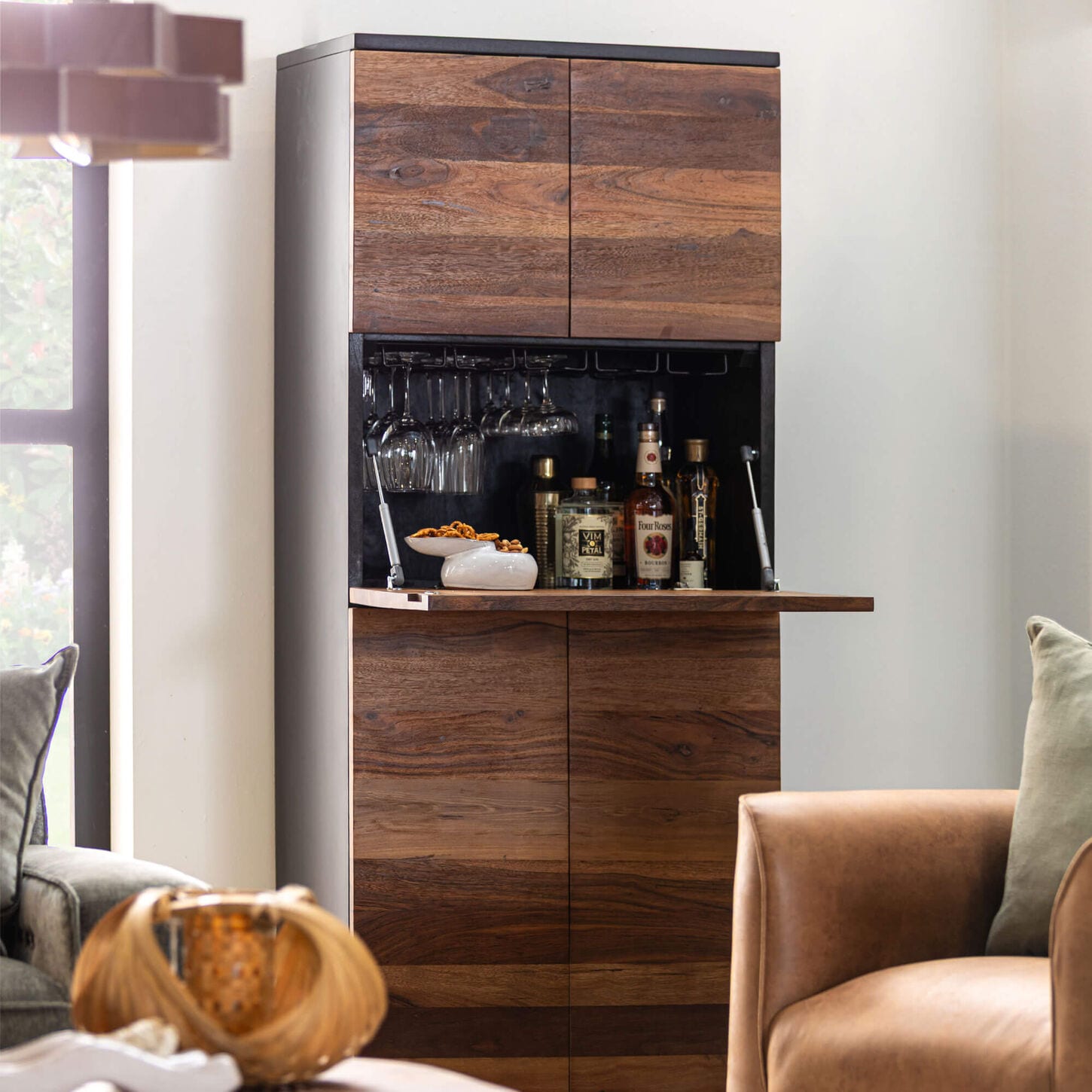Home Trends & Design Santa Fe 72 Inch Bar Cabinet in Natural and Matte Black