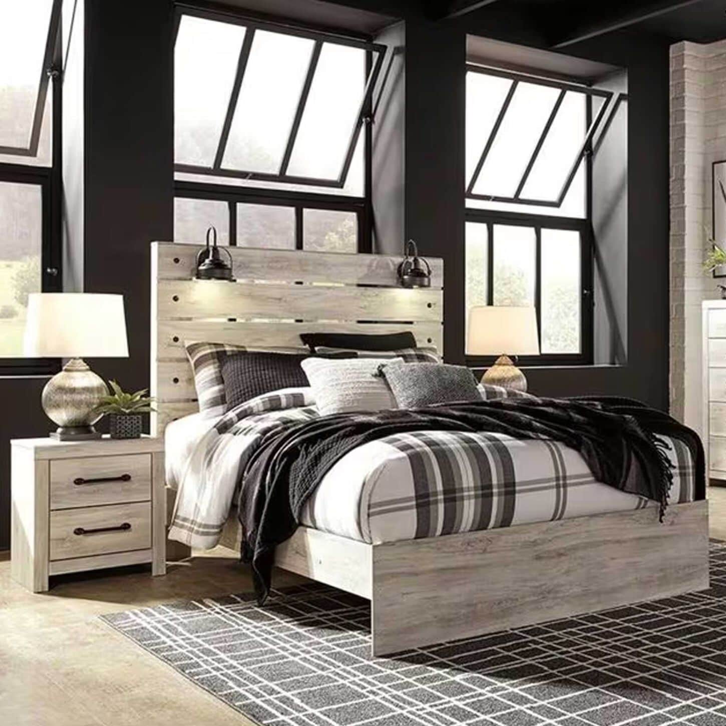 Ashley Cambeck 4 Piece Queen Bed Set in Whitewash with Lighting