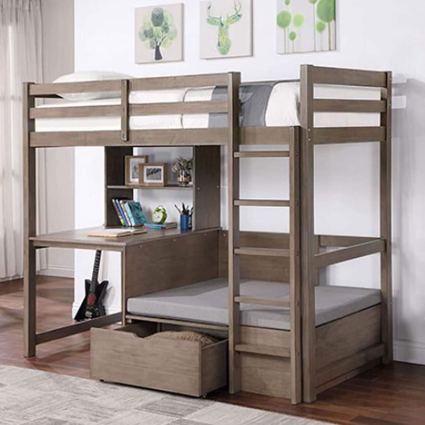 Furniture of America Callistus Twin Workstation Loft Bed in Warm Gray with Cushion