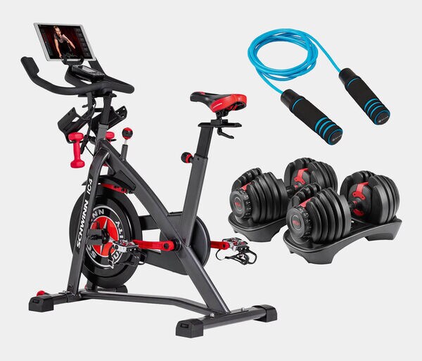 Gaiam Weighted Jump Rope, Schwinn IC4 Indoor Cycling Bike in Gray, Bowflex SelectTech 5-52lb Adjustable Dumbbell Pair