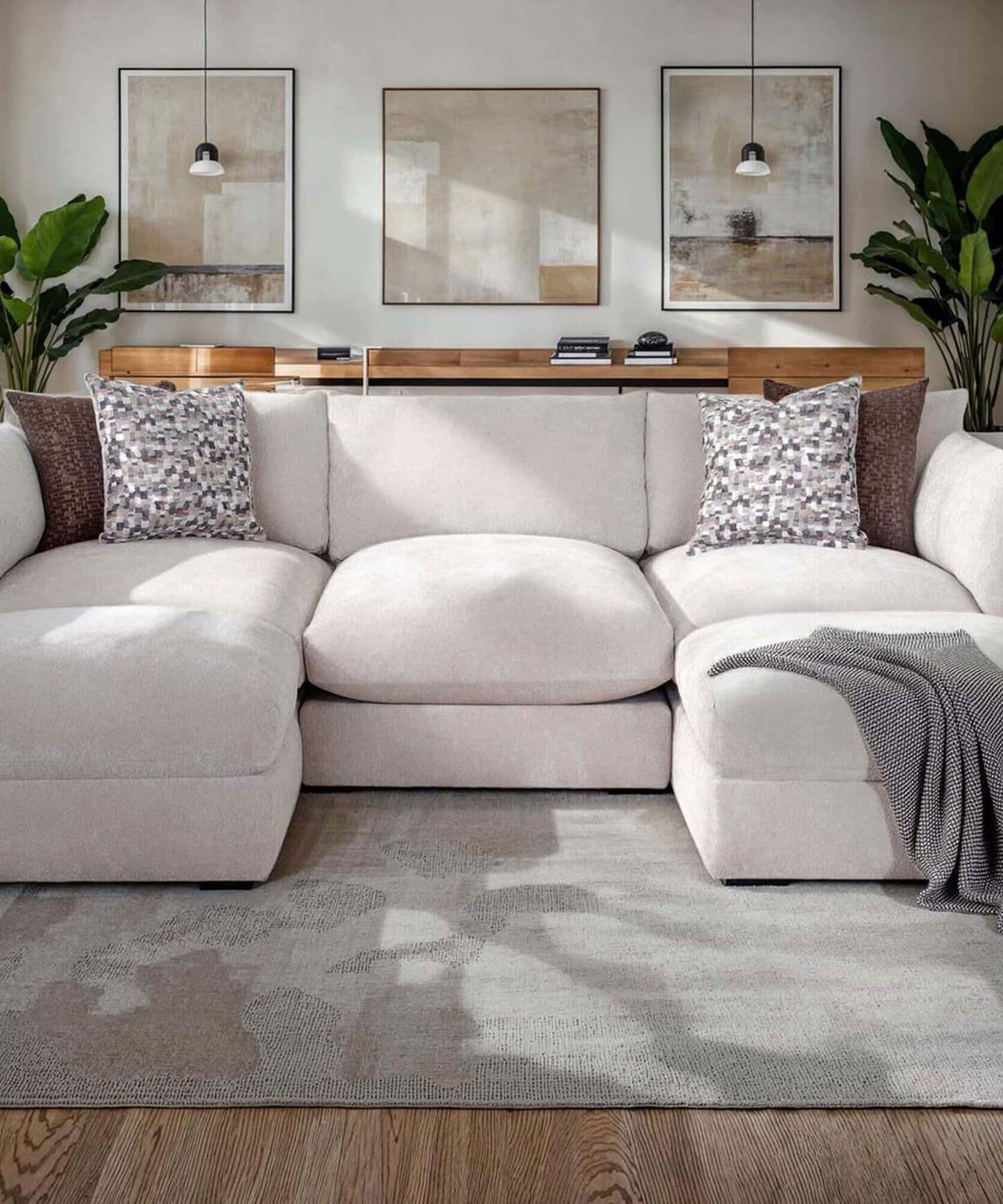 White sectional sofa in a bright living room