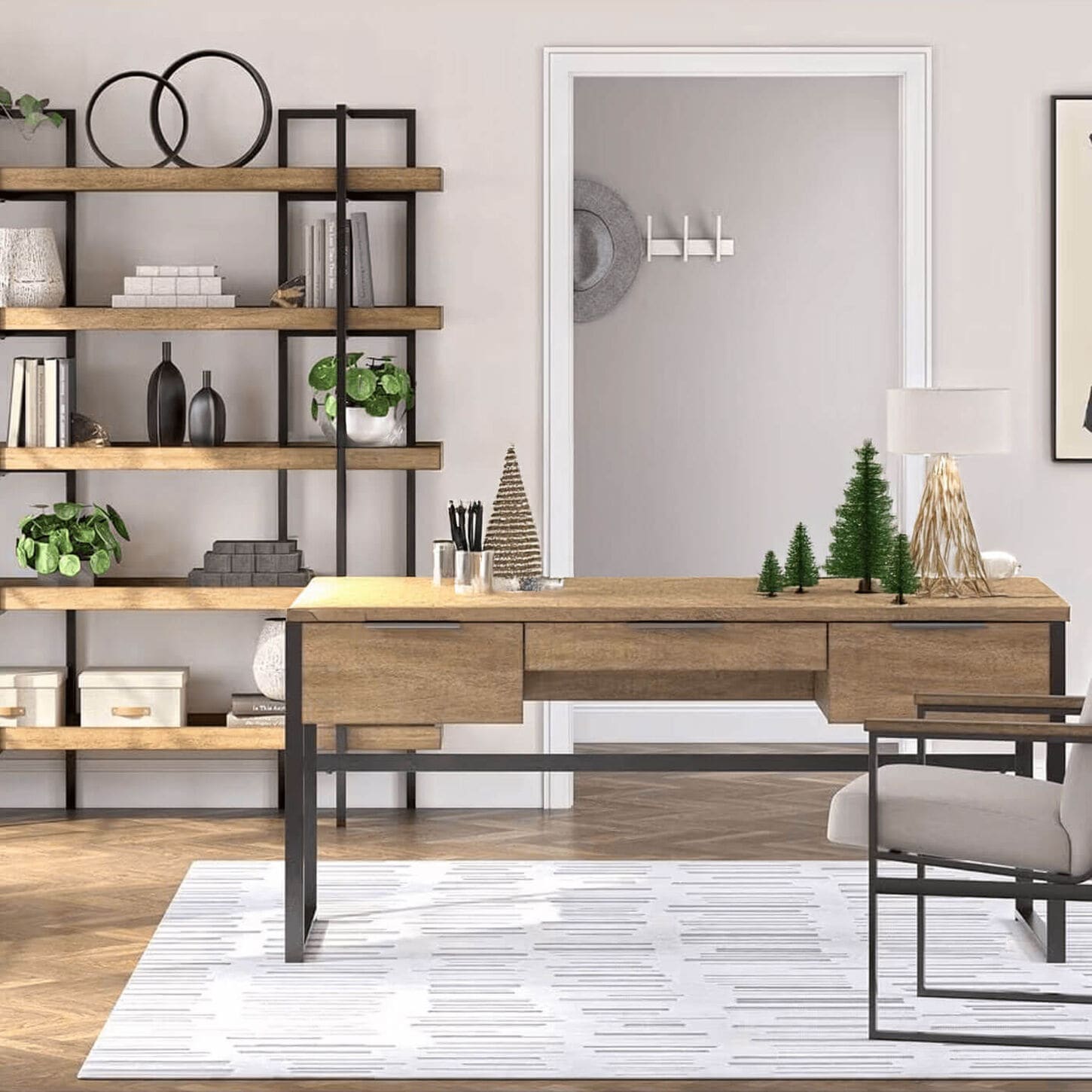 Ashley Montia 2-Piece Desk and Bookcase Set in Light Brown and Gunmetal Gray