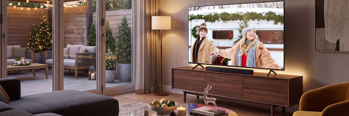 Large flat-screen TV displayed in a cozy living room