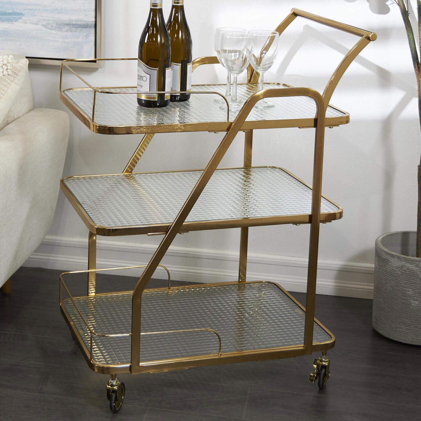 Maple and Jade 3-Shelf Bar Cart with Side Guards and Handle in Polished Gold and Transparent