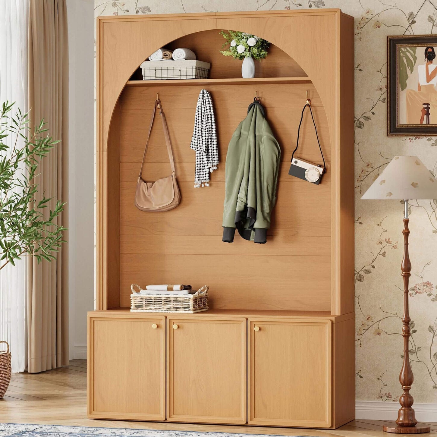 HOMLUX 4-Hook Hall Tree with Entryway Storage Bench in Natural