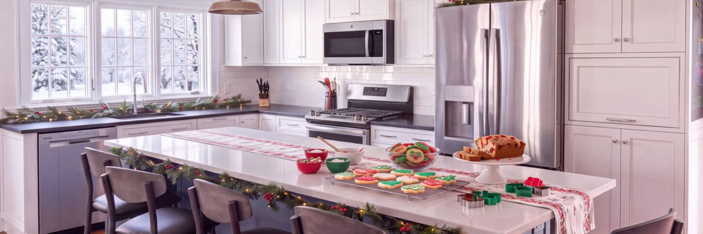Modern white kitchen decorated for the holidays