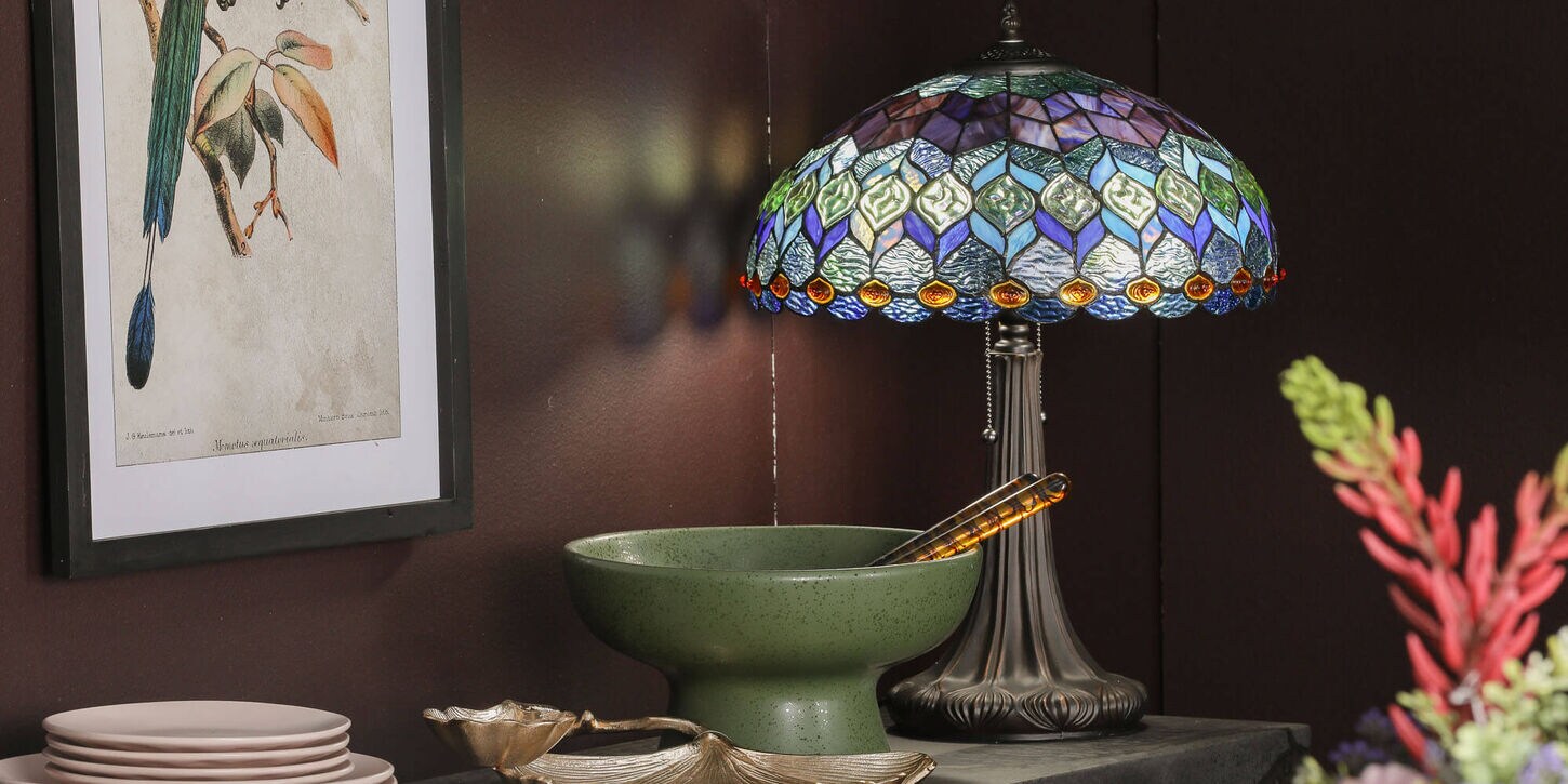 Tiffany lamp on credenza near dining room