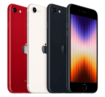 3 Apple iPhone SE models in Midnight, Starlight and (PRODUCT)Red