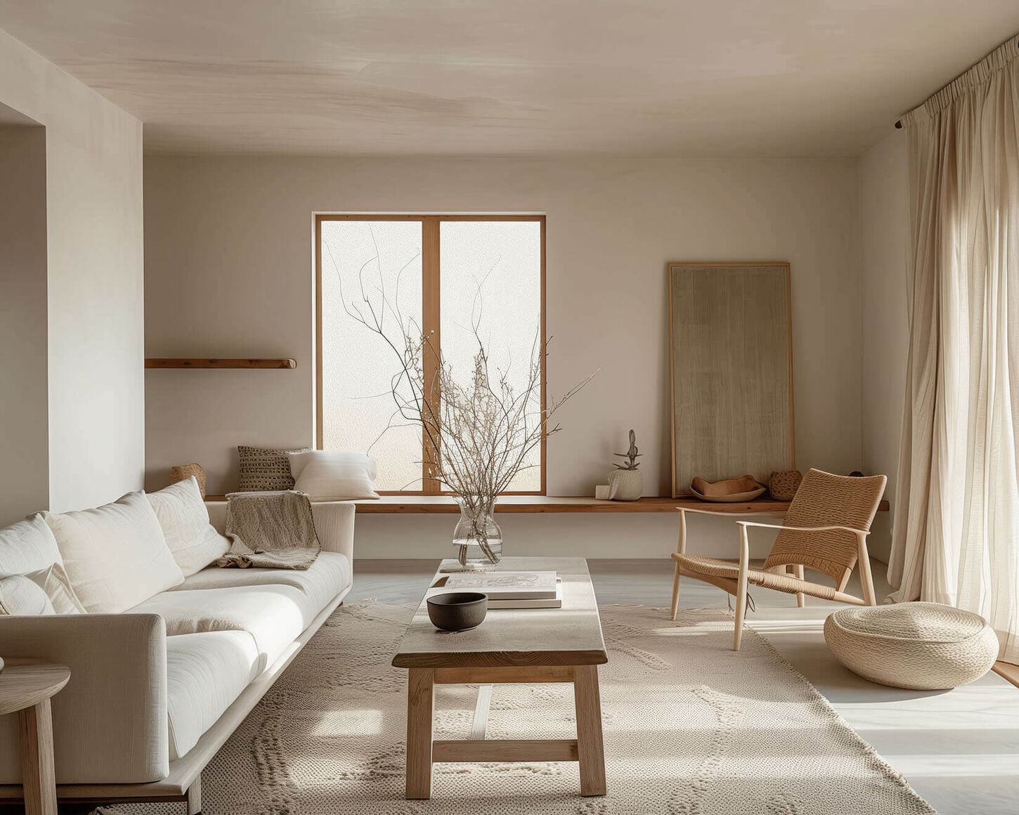 Neutral living room with a large area rug, sofa, coffee table, chair and windows