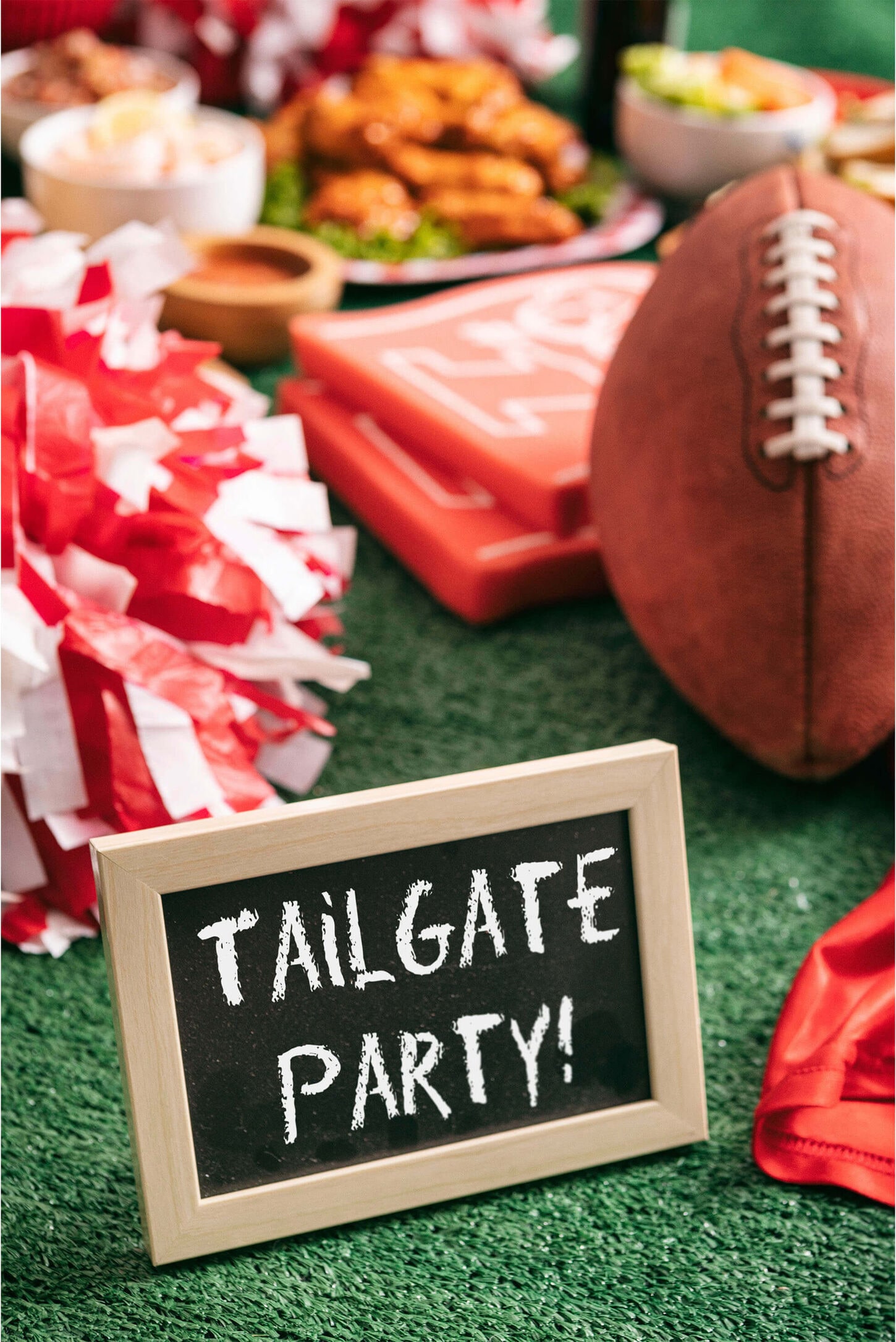 Sign with tailgate party written and a football and pom pom and snacks in the background