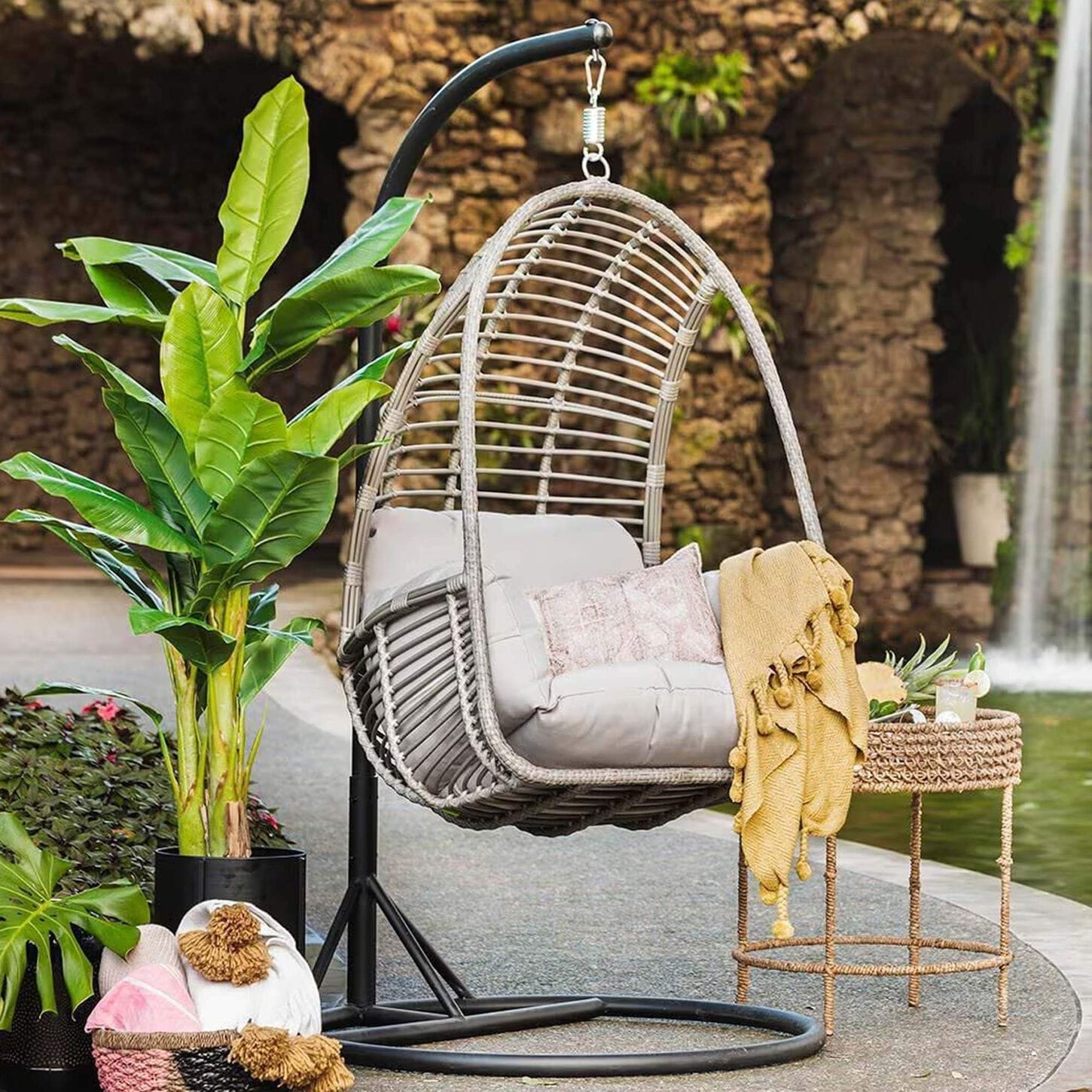 GatherCraft Ivy Basket Chair and Stand in Black and Gray