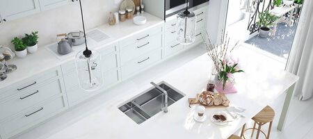Birds eye view of Kitchen with white cabinets and light granite countertops