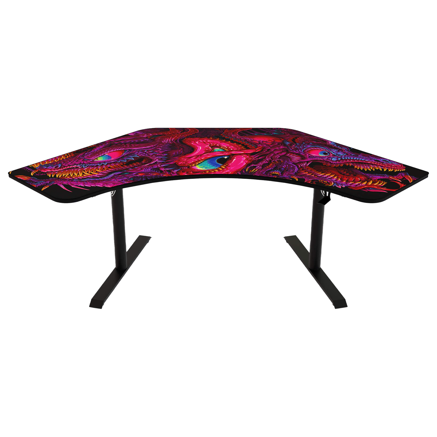 Gaming desk with a colorful red artwork on the top of the desk