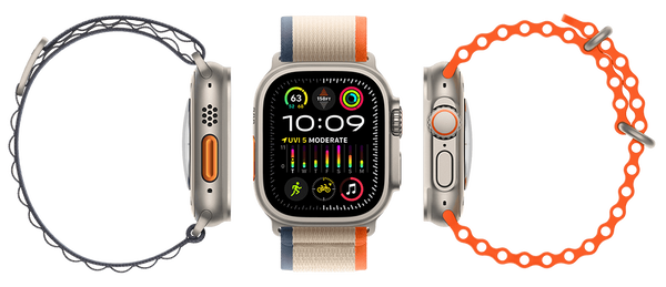 Three Apple Watch Ultra 2 watches with orange, tan, and gray bands