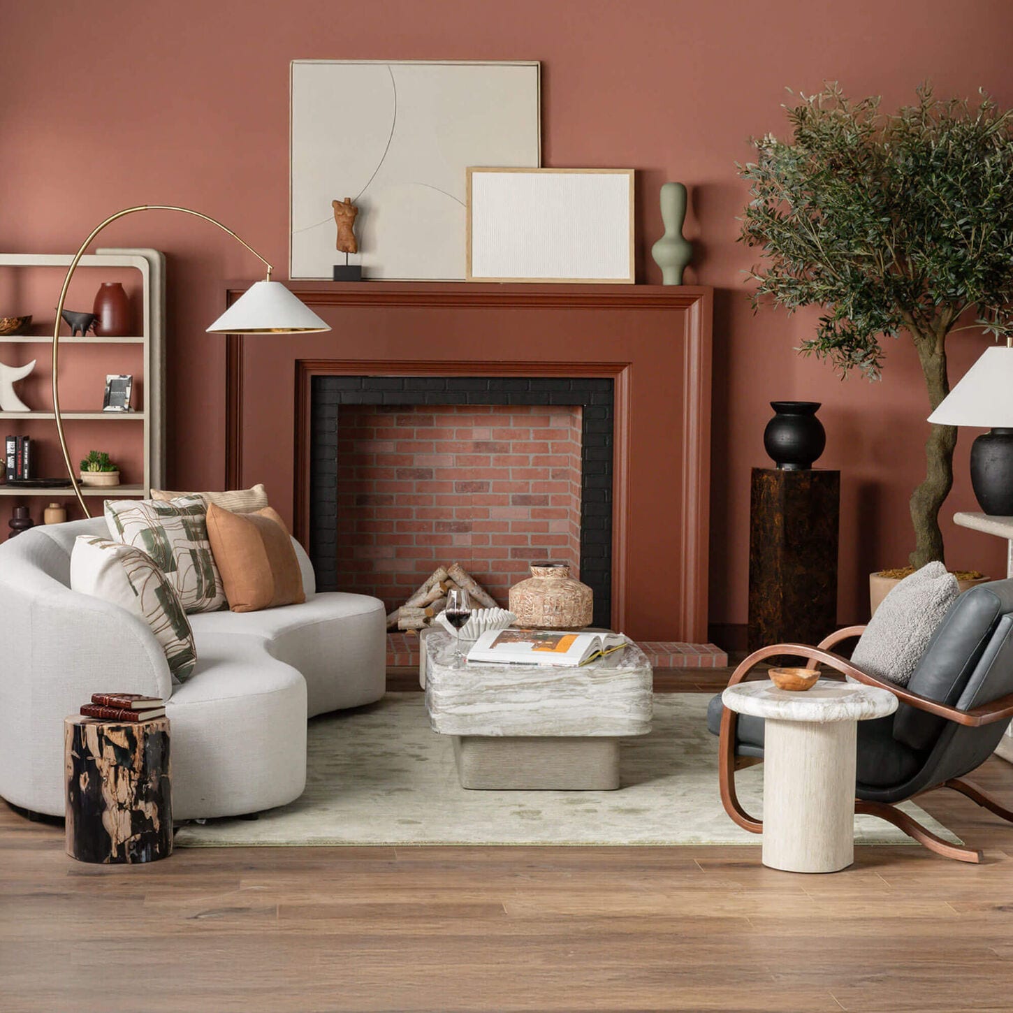 Living room with sofa, coffee table, and accent chair