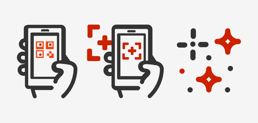 Person holding mobile device taking a photo of QR code, then taking a photo of their room, followed by uploading the photo to visualizer to see products in their own home.
