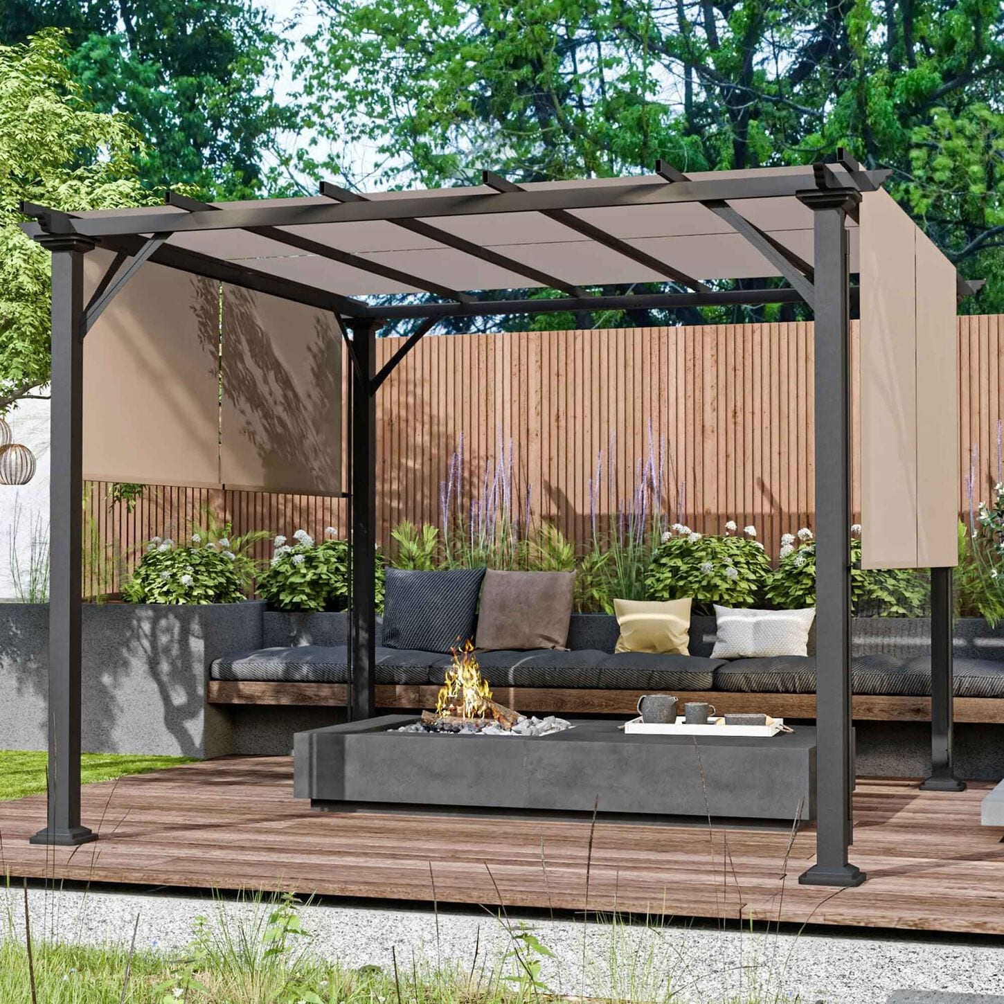 Sunwell Garden 10' x 10' Outdoor Metal Pergola with Canopy Shades in Beige