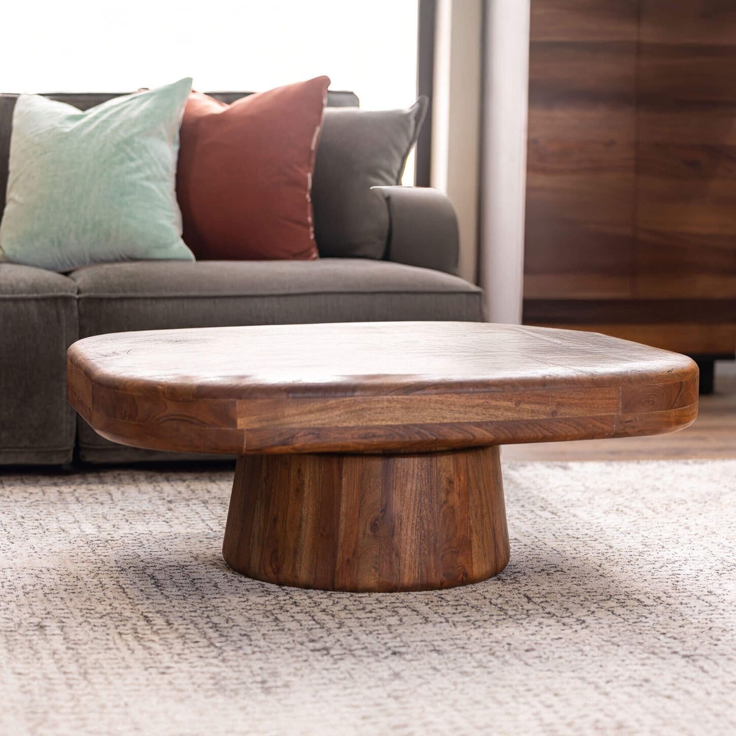 Oval shaped wooden coffee table