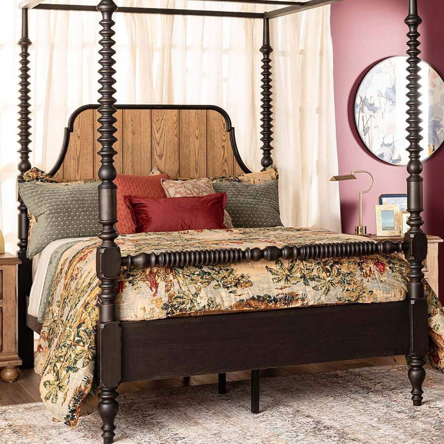 Legacy Classic Vintage Market Queen Canopy Bed in Barnwood Oak and Kettle Black