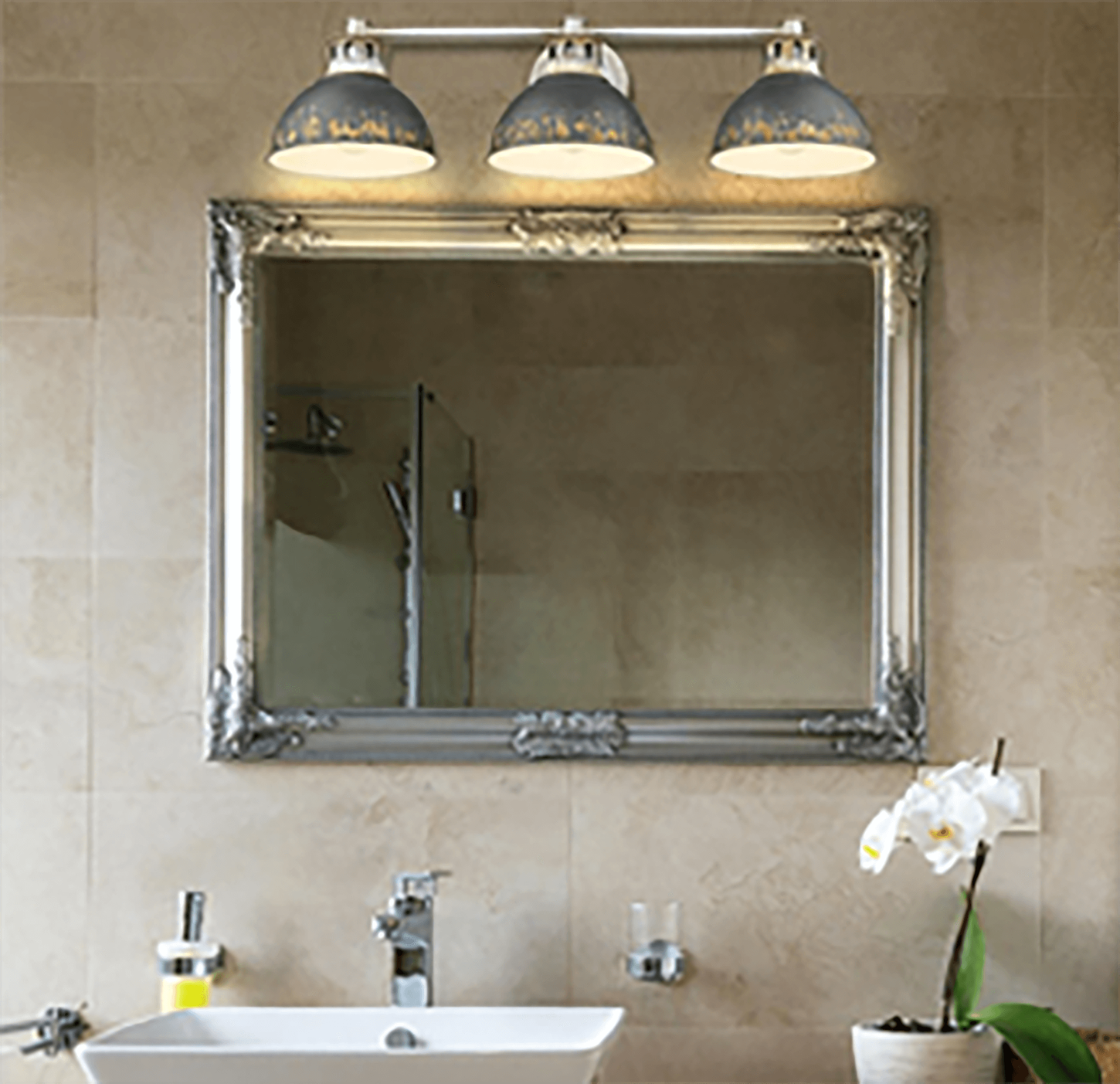 bathroom mirror and lighting with a plant