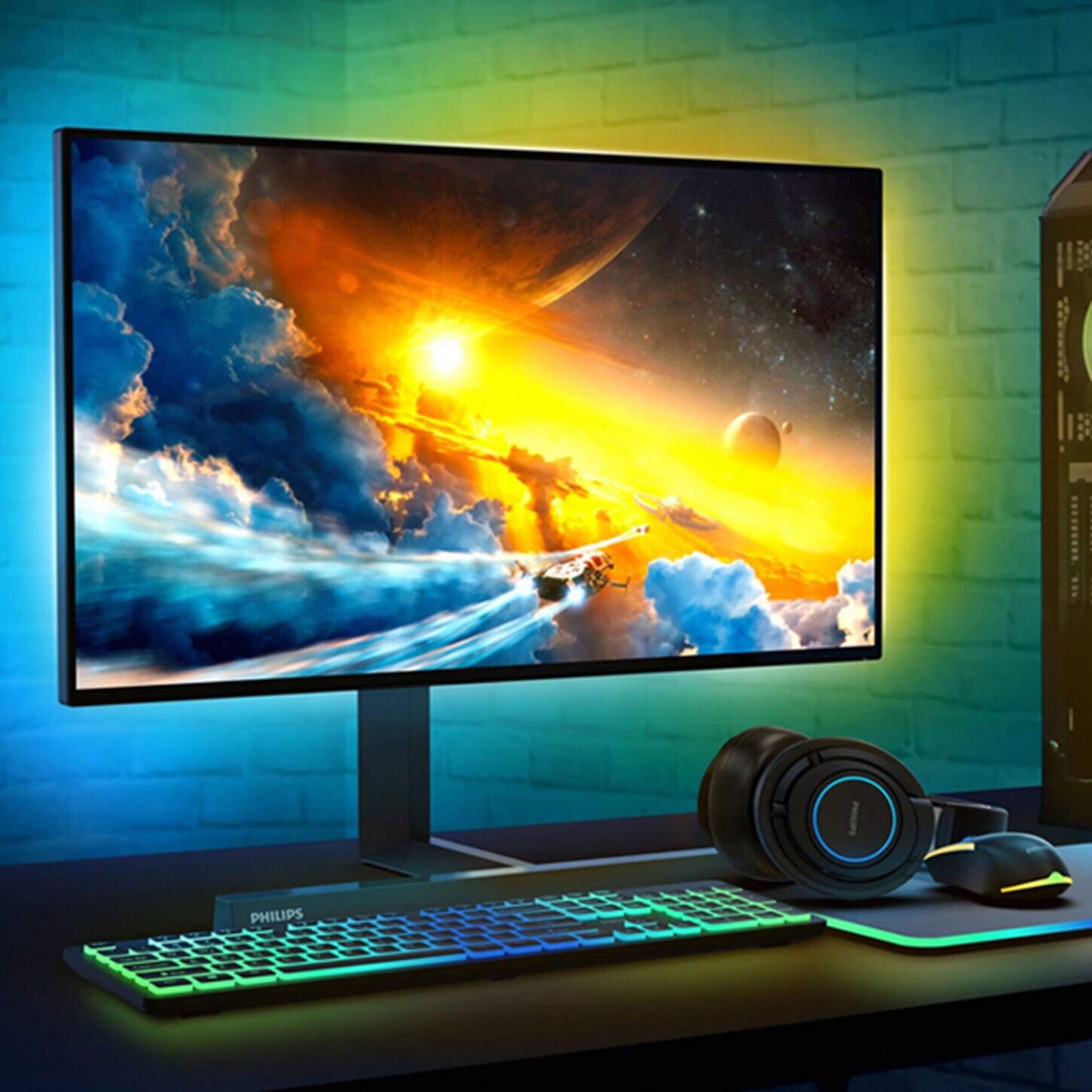 Gamers paradise with a girl gaming on a pc computer