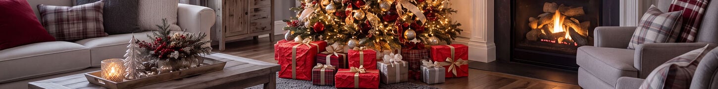Living room during Christmas with sofa, tree, and presents next to fireplace