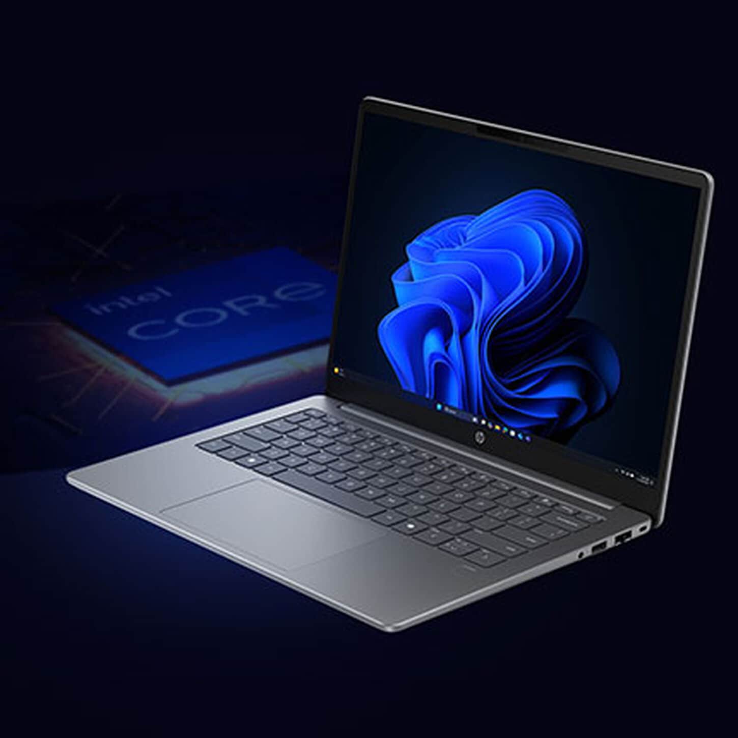 HP AI laptop on black background
