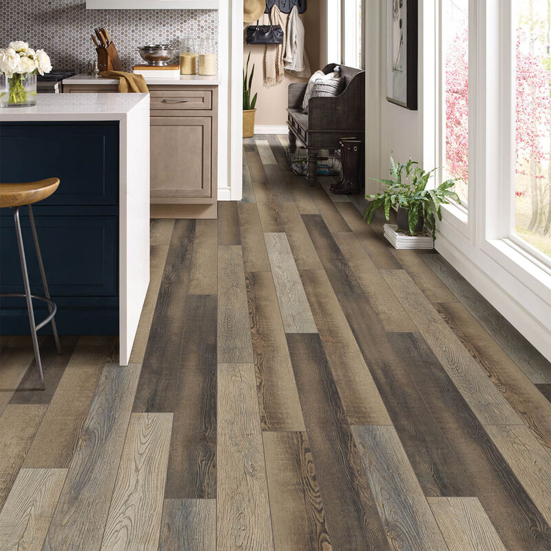 kitchen with black barstool and a woodgrain hard surface floor